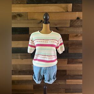 Vintage Short Sleeve Knit Striped Sweater Top Multi Pattern